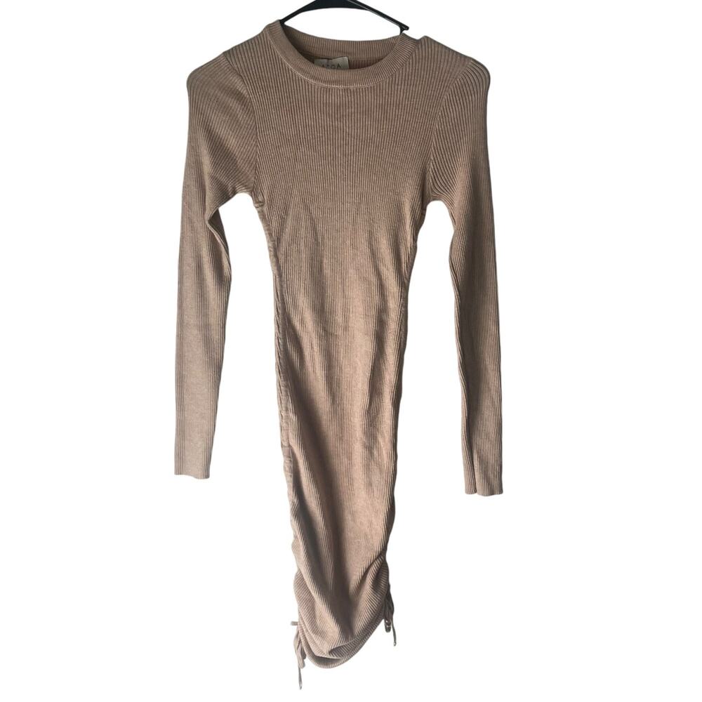 Acoa Women Medium Beige Ribbed Sweater Fall Bodycon Ruched Above‎ Knee Dress